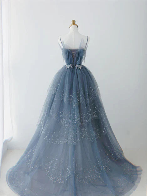 Luolandi A Line Blue Sparkle Beadedd Tulle Floor Length Party Dress Junior Prom Dress Charming Evening Dress